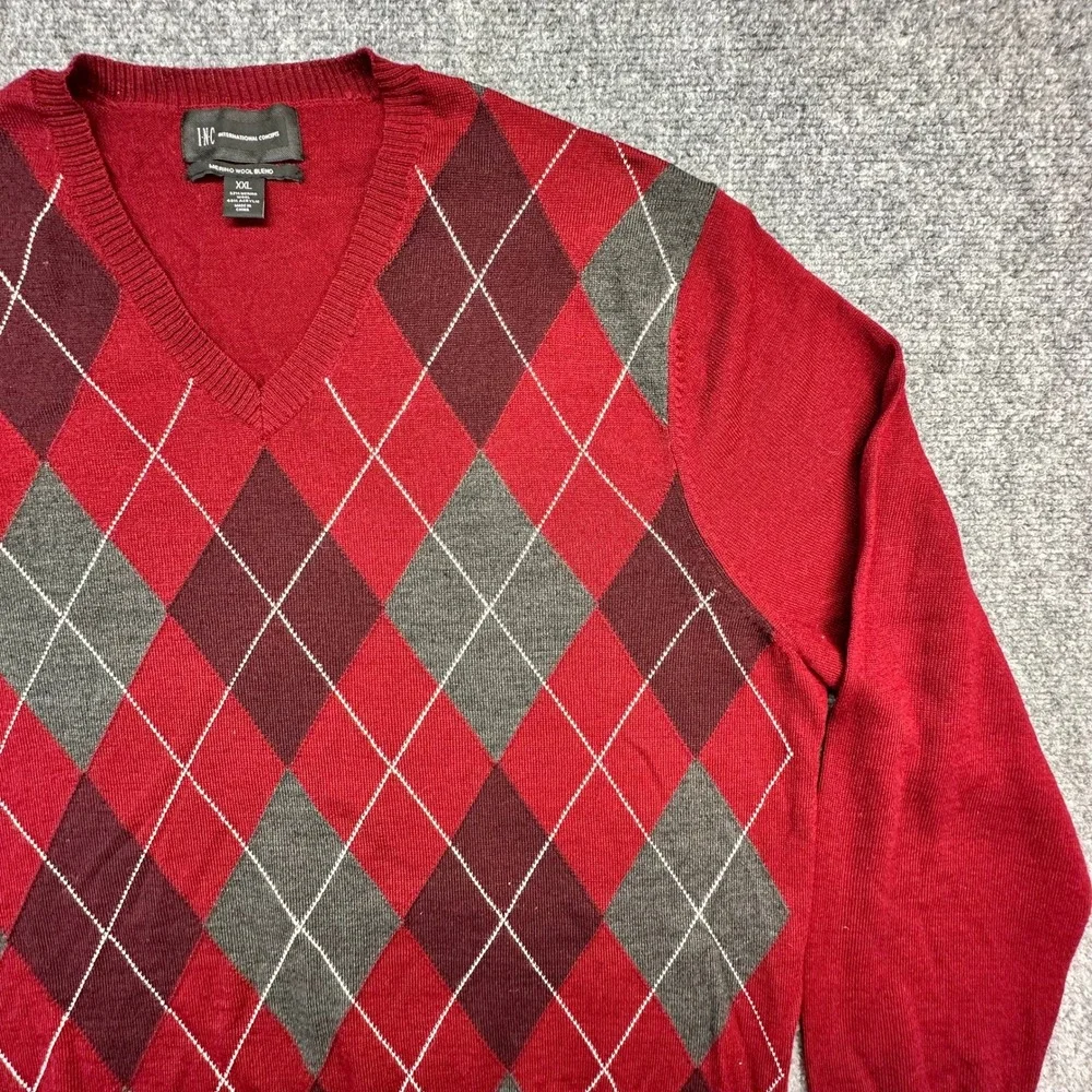INC International Concepts Argyle‎ Sweater Mens XXL Red Merino Wool Blend